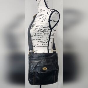 Fossil Stanton Black Pebbled Leather Traveler Large Organizer Crossbody Bag